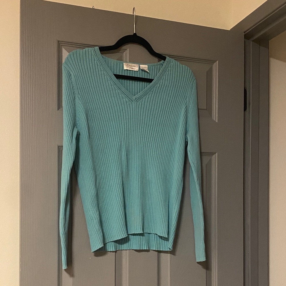 Ribbed Teal V-Neck Sweater Vintage 100% cotton size extra large spring Y2K